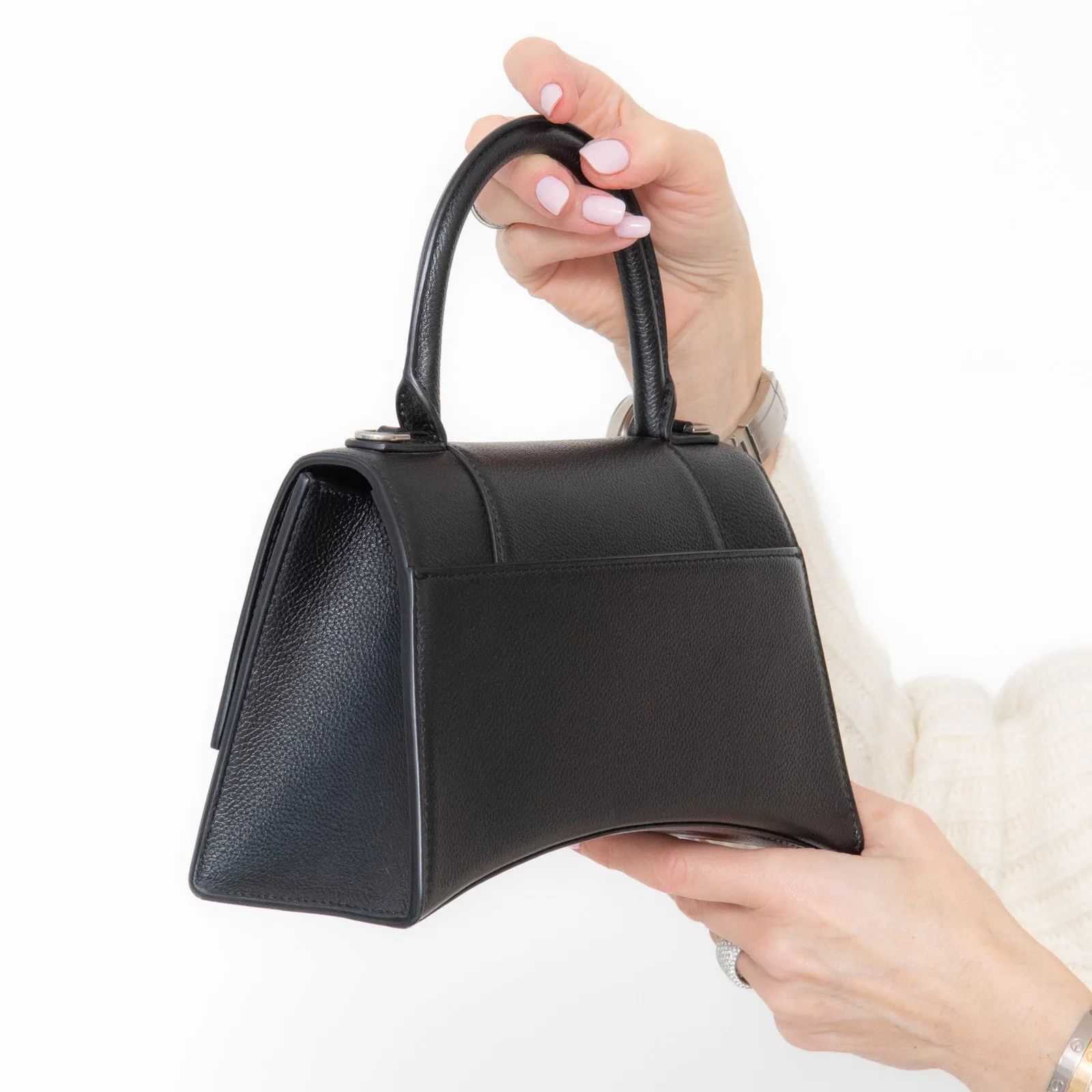 Balenciaga Hourglass Black Grained Leather Top Handle Small Leather Bag