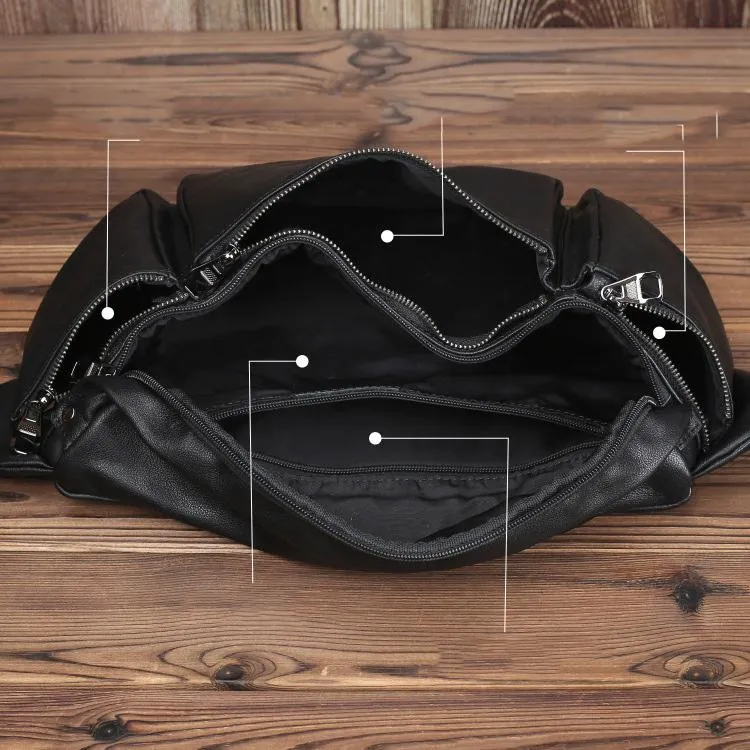 Black Leather Fanny Pack Men's Black Chest Bag Hip Bag Large Capacity Waist Bag For Men