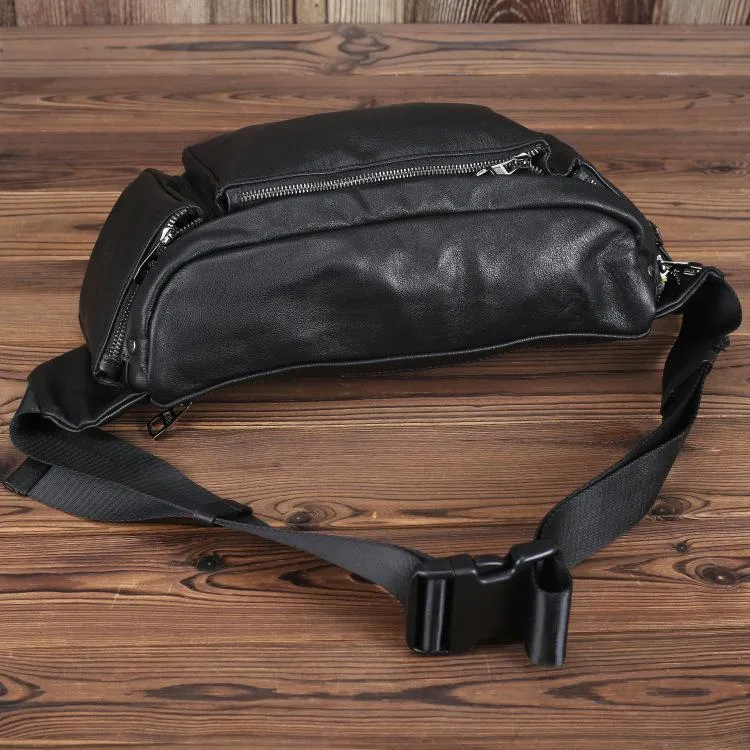 Black Leather Fanny Pack Men's Black Chest Bag Hip Bag Large Capacity Waist Bag For Men