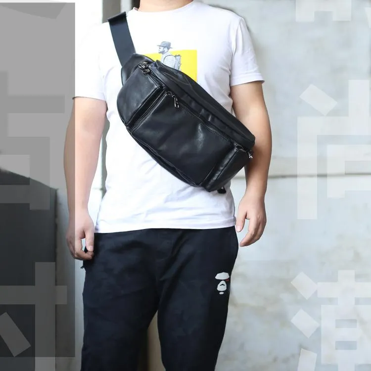 Black Leather Fanny Pack Men's Black Chest Bag Hip Bag Large Capacity Waist Bag For Men