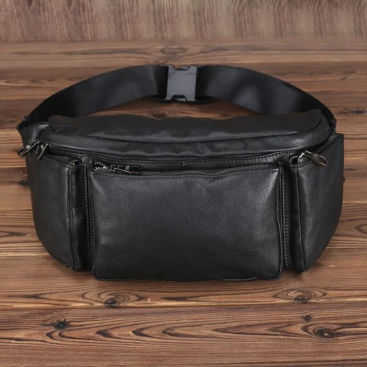 Black Leather Fanny Pack Men's Black Chest Bag Hip Bag Large Capacity Waist Bag For Men