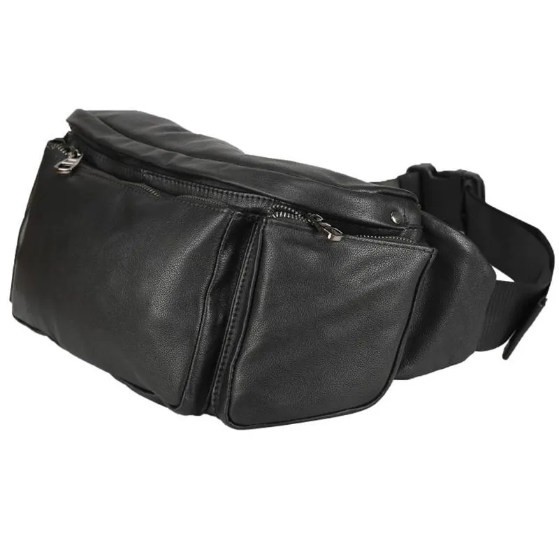 Black Leather Fanny Pack Men's Black Chest Bag Hip Bag Large Capacity Waist Bag For Men