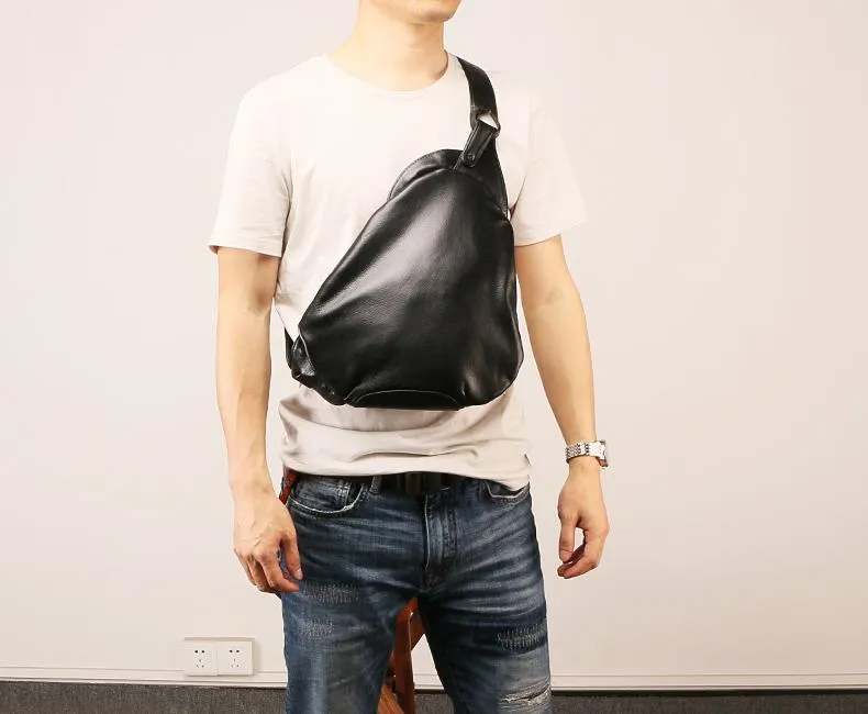 Black Leather Mens Chest Bag Sling Bag Sling Shoulder Bag Sling Backpack for men