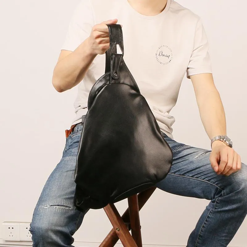 Black Leather Mens Chest Bag Sling Bag Sling Shoulder Bag Sling Backpack for men