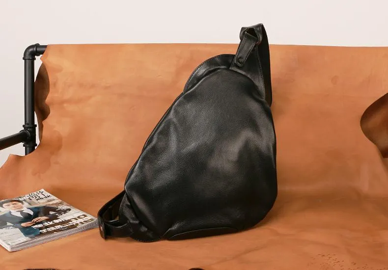 Black Leather Mens Chest Bag Sling Bag Sling Shoulder Bag Sling Backpack for men