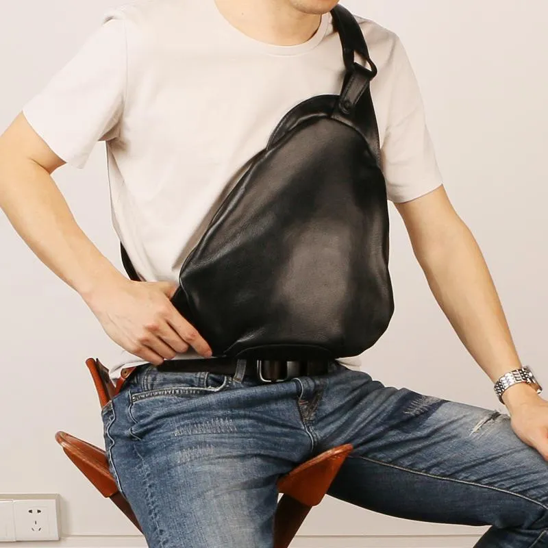 Black Leather Mens Chest Bag Sling Bag Sling Shoulder Bag Sling Backpack for men