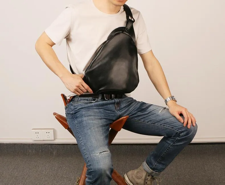 Black Leather Mens Chest Bag Sling Bag Sling Shoulder Bag Sling Backpack for men