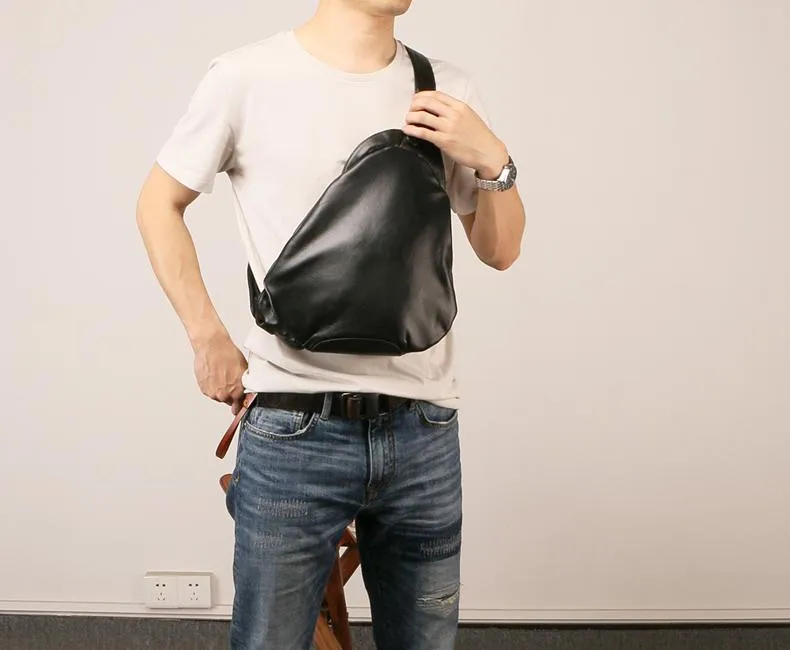 Black Leather Mens Chest Bag Sling Bag Sling Shoulder Bag Sling Backpack for men