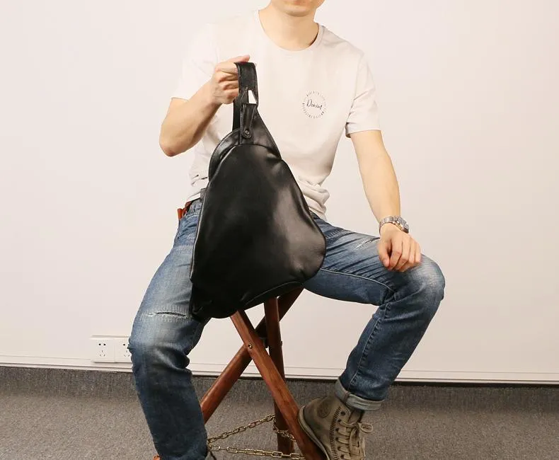 Black Leather Mens Chest Bag Sling Bag Sling Shoulder Bag Sling Backpack for men