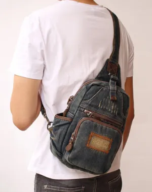Blue Denim Mens Sling Bag Cool Chest Bag Vintage Blue Denim Sling Bag For Men