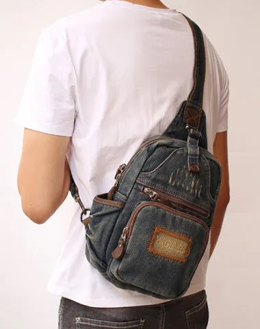 Blue Denim Mens Sling Bag Cool Chest Bag Vintage Blue Denim Sling Bag For Men