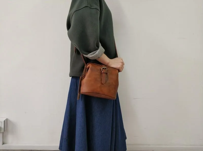 Blue Small Womens Leather Doctor Shoulder Bag Female Brown Doctor Bag Style Purse for Ladies