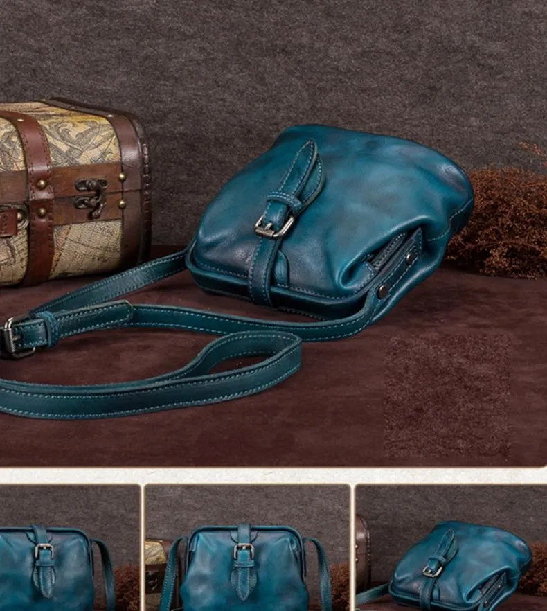 Blue Small Womens Leather Doctor Shoulder Bag Female Brown Doctor Bag Style Purse for Ladies