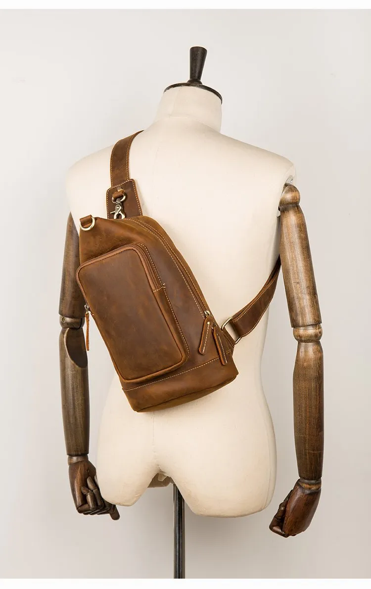 Brown Casual Leather Mens 8 inches Sling Bags Chest Bags One Shoulder Backpack for Men