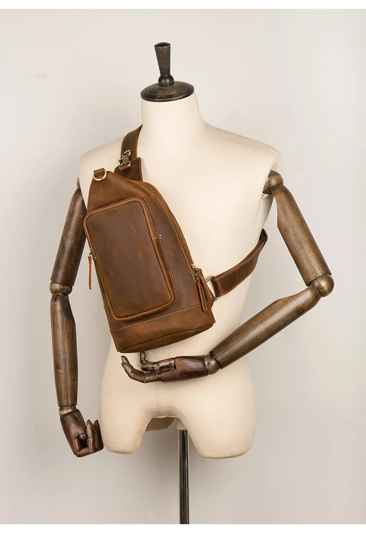 Brown Casual Leather Mens 8 inches Sling Bags Chest Bags One Shoulder Backpack for Men