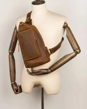 Brown Casual Leather Mens 8 inches Sling Bags Chest Bags One Shoulder Backpack for Men