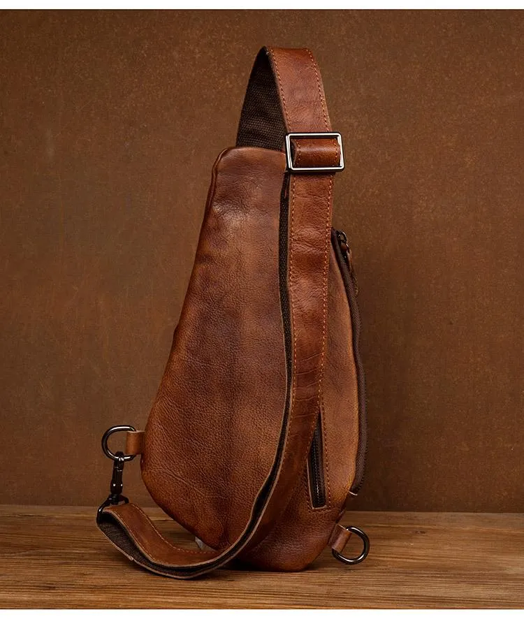 Brown Casual Leather Mens Sling Bag Chest Bags Brown SLing Pack One Shoulder Backpack for Men