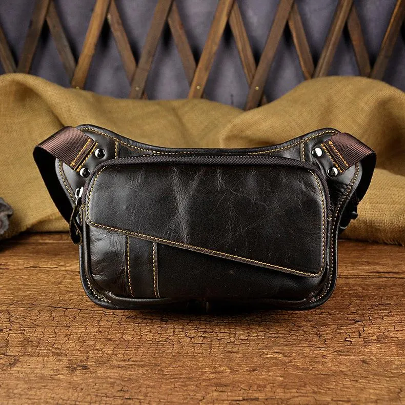 Brown Leather Fanny Pack Men's Black Chest Bag Hip Bag Vintage Waist Bag For Men