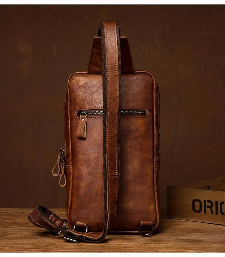 Brown Leather Mens 10 inches Sling Bag Sling Pack Casual Chest Bags One Shoulder Backpack for Men