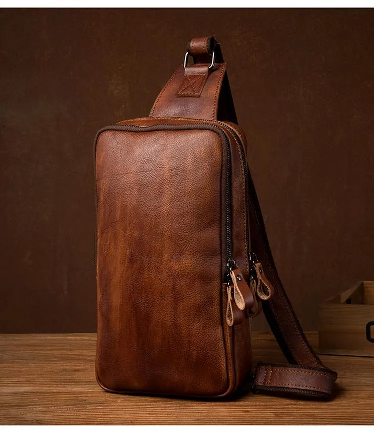 Brown Leather Mens 10 inches Sling Bag Sling Pack Casual Chest Bags One Shoulder Backpack for Men
