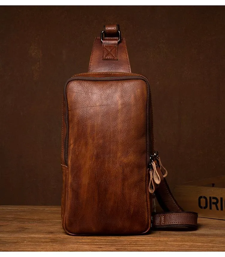 Brown Leather Mens 10 inches Sling Bag Sling Pack Casual Chest Bags One Shoulder Backpack for Men
