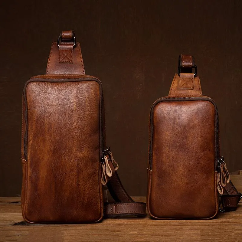 Brown Leather Mens 10 inches Sling Bag Sling Pack Casual Chest Bags One Shoulder Backpack for Men