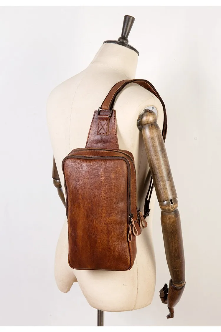 Brown Leather Mens 10 inches Sling Bag Sling Pack Casual Chest Bags One Shoulder Backpack for Men