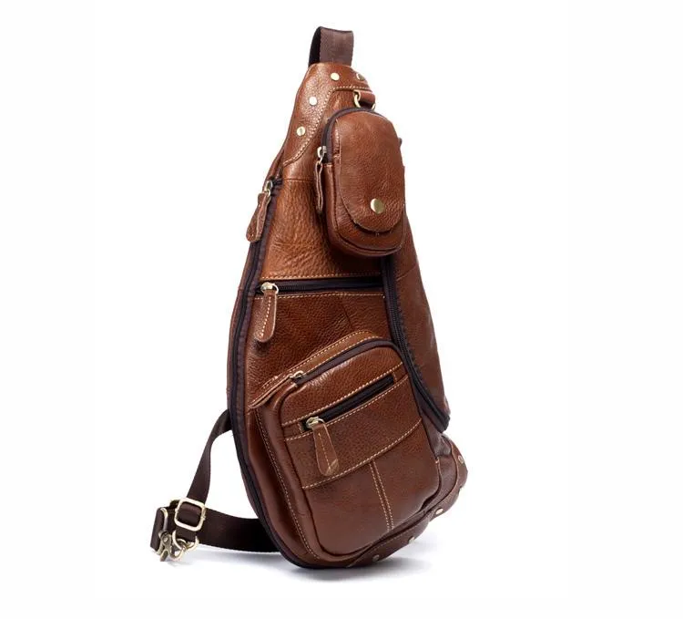 Brown Leather Mens Cool Large Sling Bags Light Brown Crossbody Pack Chest Bag for Men