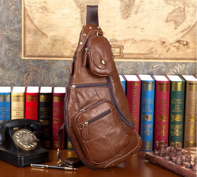 Brown Leather Mens Cool Large Sling Bags Light Brown Crossbody Pack Chest Bag for Men