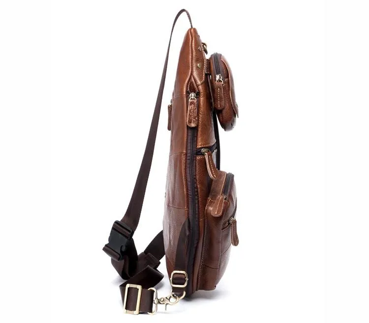 Brown Leather Mens Cool Large Sling Bags Light Brown Crossbody Pack Chest Bag for Men