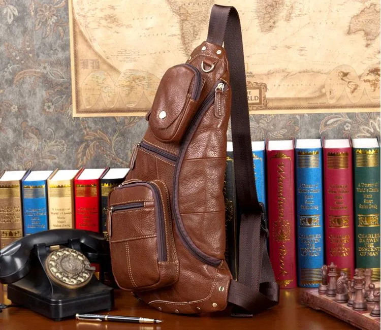 Brown Leather Mens Cool Large Sling Bags Light Brown Crossbody Pack Chest Bag for Men