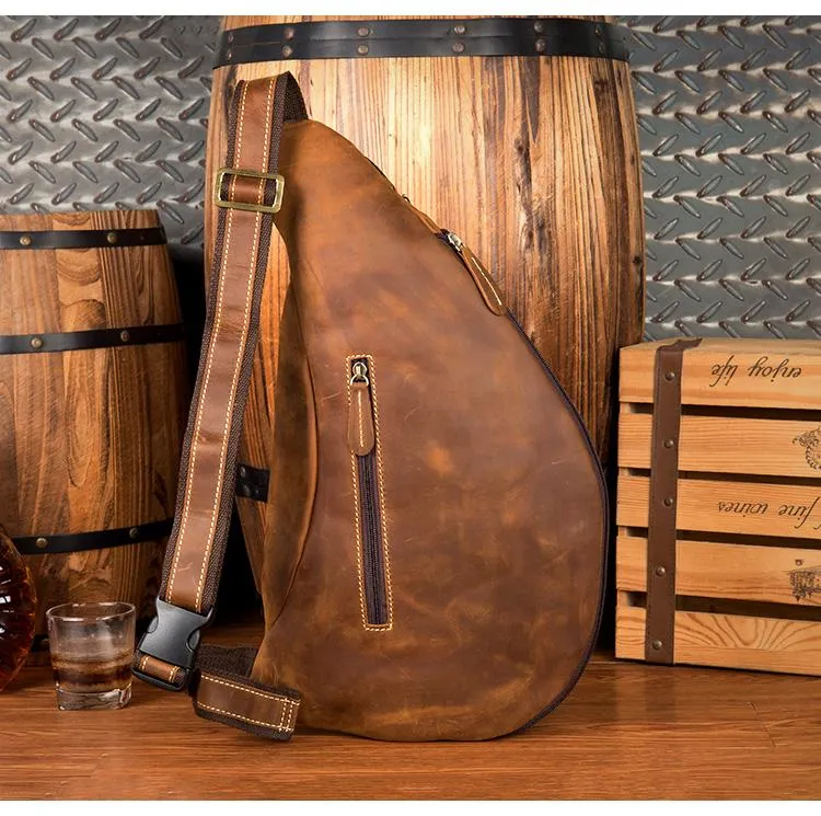 Brown Leather Mens Cool Large Sling Bags Light Brown Crossbody Pack Chest Bag for Men