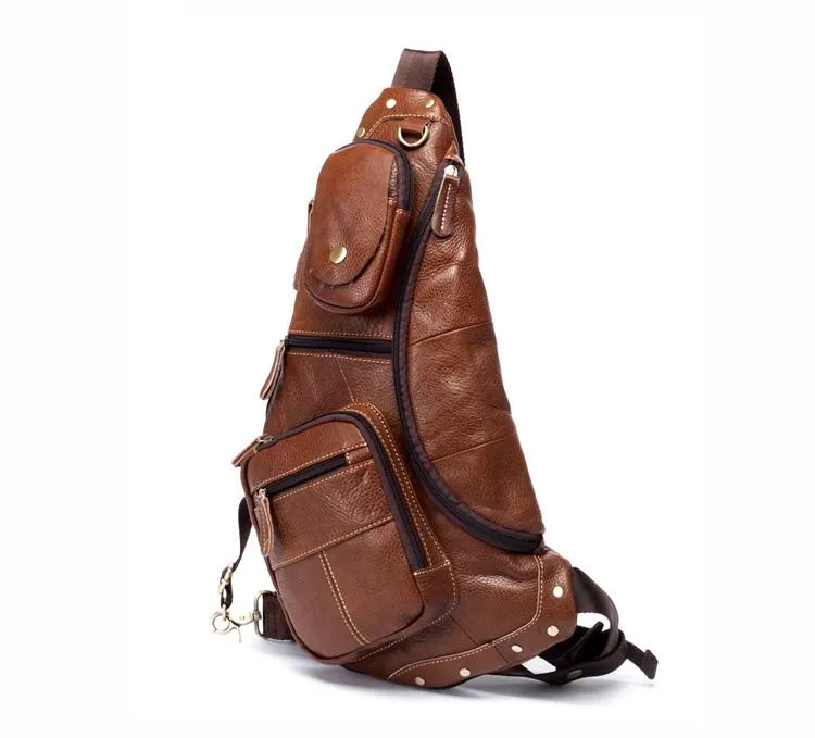 Brown Leather Mens Cool Large Sling Bags Light Brown Crossbody Pack Chest Bag for Men