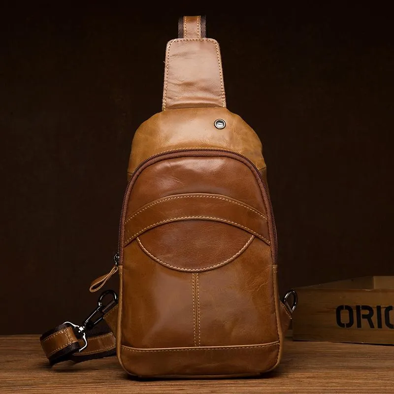 Brown Leather Mens Cool Sling Bags Yellow Brown Crossbody Packs Chest Bag for menest Bag for men