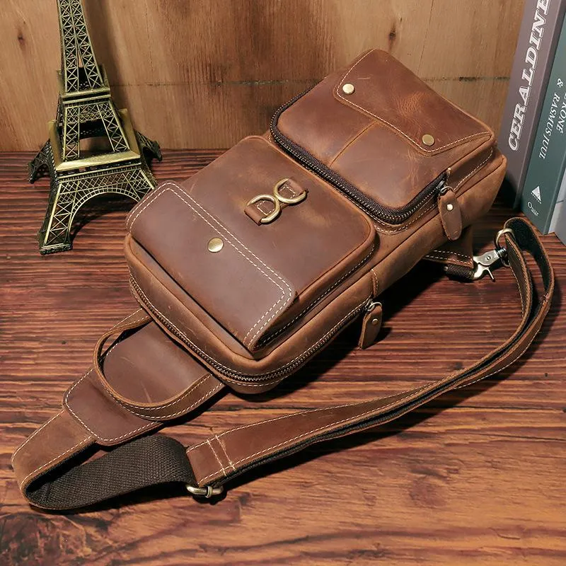 Brown Leather Men's Sling Bag Brown Sling Pack Chest Bags One Shoulder Backpack For Men