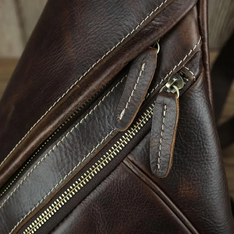 Brown Leather Men's Sling Bag Chest Bag Vintage One shoulder Backpack For Men