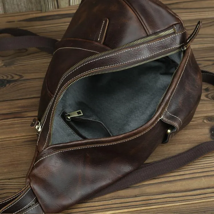 Brown Leather Men's Sling Bag Chest Bag Vintage One shoulder Backpack For Men
