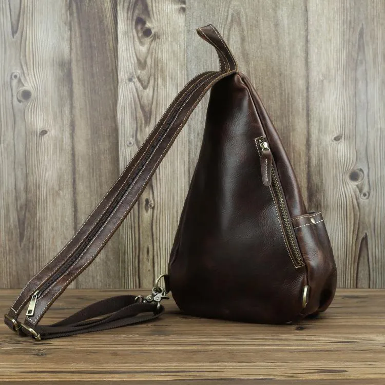 Brown Leather Men's Sling Bag Chest Bag Vintage One shoulder Backpack For Men