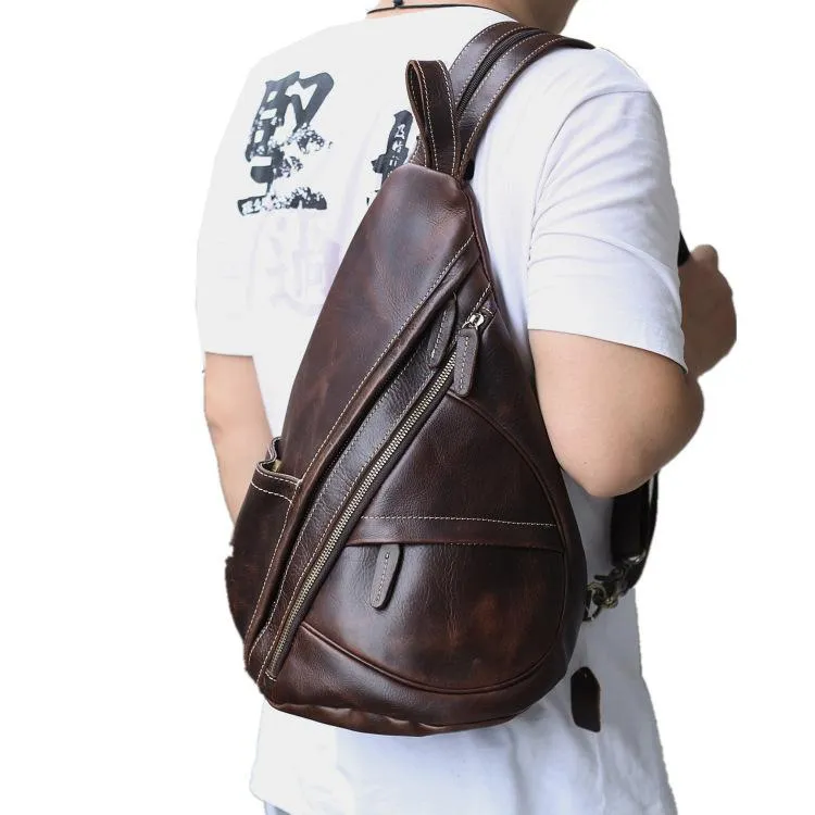 Brown Leather Men's Sling Bag Chest Bag Vintage One shoulder Backpack For Men