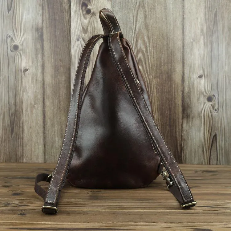 Brown Leather Men's Sling Bag Chest Bag Vintage One shoulder Backpack For Men