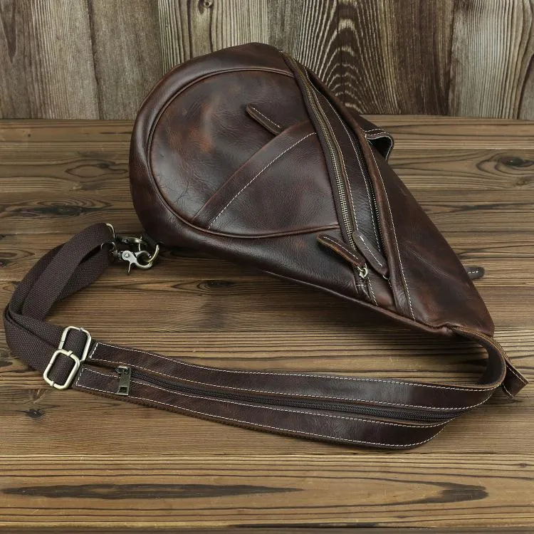 Brown Leather Men's Sling Bag Chest Bag Vintage One shoulder Backpack For Men