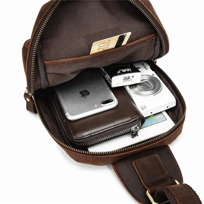 Brown Leather Men's Sling Bag Red Brown Chest Bag 8 inches One Shoulder Backpack For Men