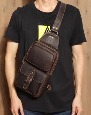Brown Leather Men's Sling Bags Best Sling Pack Chest Bag One Shoulder Backpack For Men
