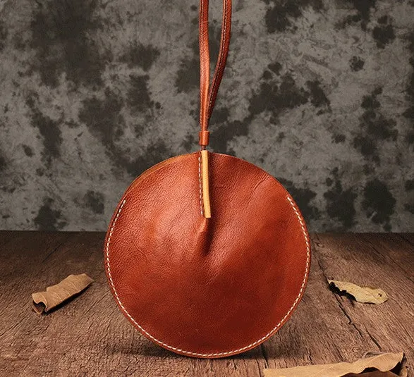 Brown Leather Womens Round Handbag Wristlet Purse Mini Circle Purse For Women
