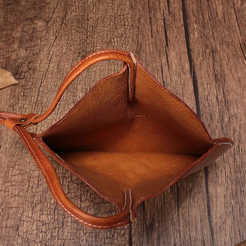 Brown Leather Womens Round Handbag Wristlet Purse Mini Circle Purse For Women