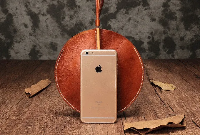 Brown Leather Womens Round Handbag Wristlet Purse Mini Circle Purse For Women