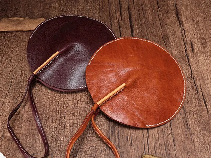 Brown Leather Womens Round Handbag Wristlet Purse Mini Circle Purse For Women