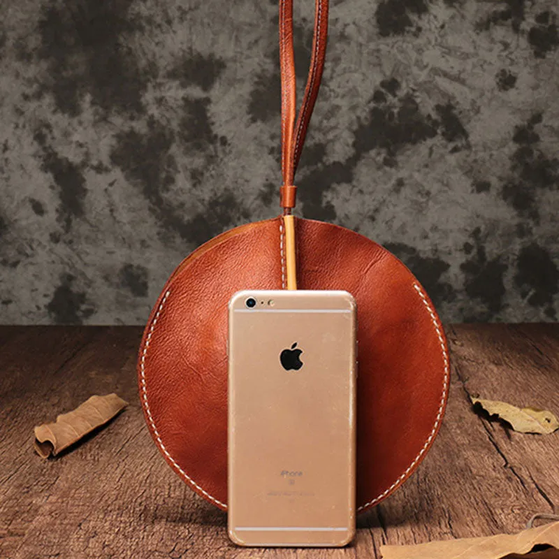 Brown Leather Womens Round Handbag Wristlet Purse Mini Circle Purse For Women
