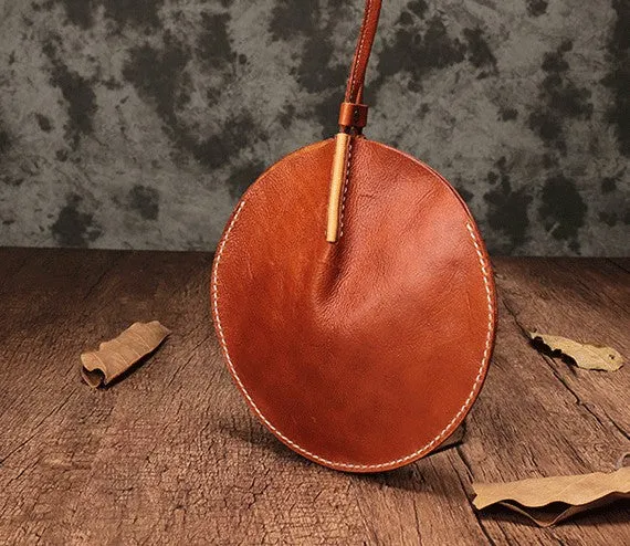 Brown Leather Womens Round Handbag Wristlet Purse Mini Circle Purse For Women