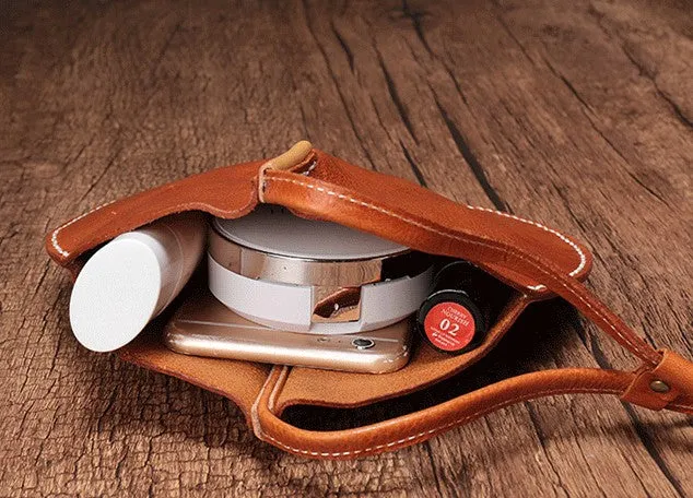 Brown Leather Womens Round Handbag Wristlet Purse Mini Circle Purse For Women